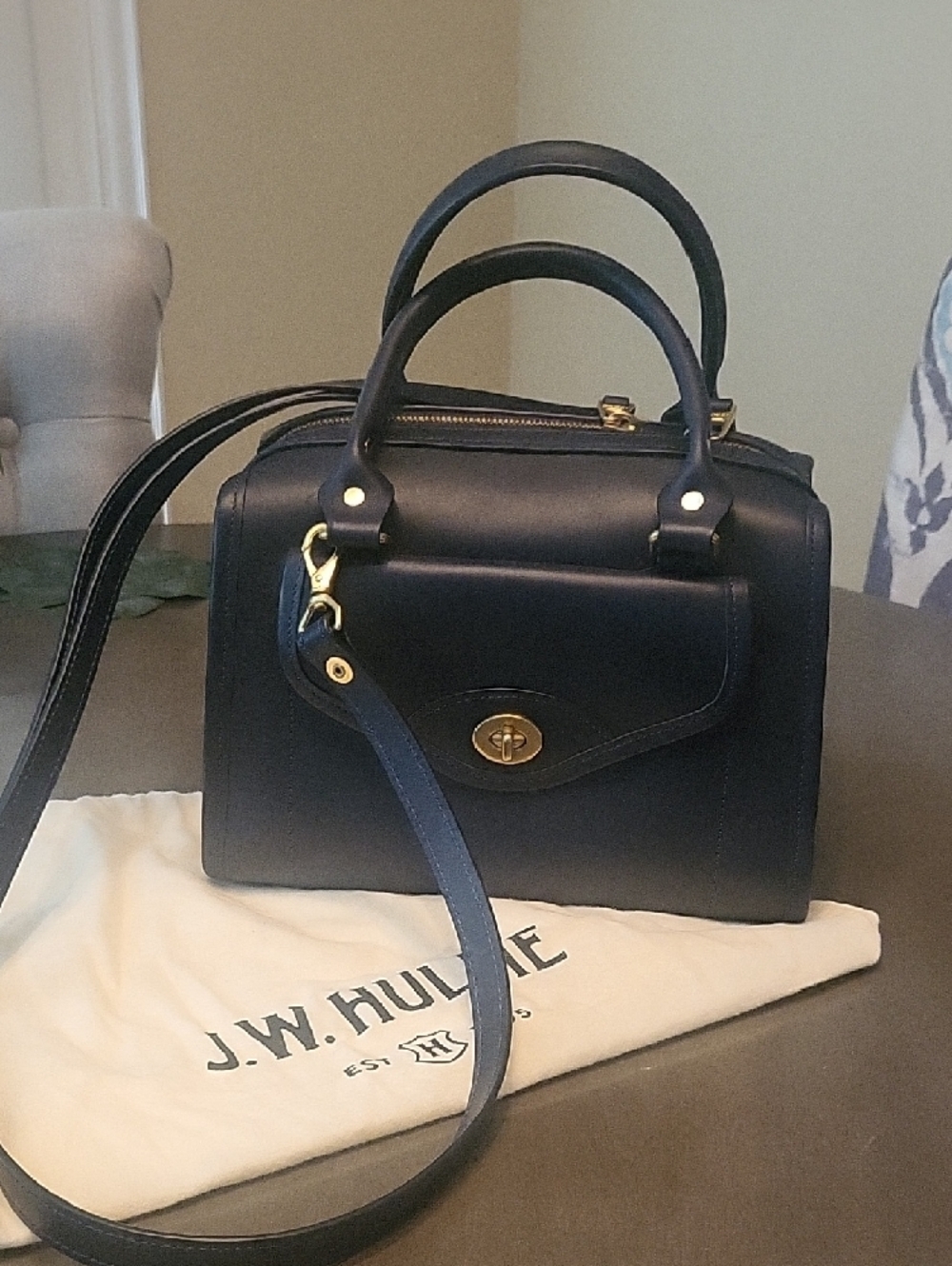 J.W. Hulme Classic Navy Structured Satchel Handbag - Gold Hardware - Picture 6 of 6